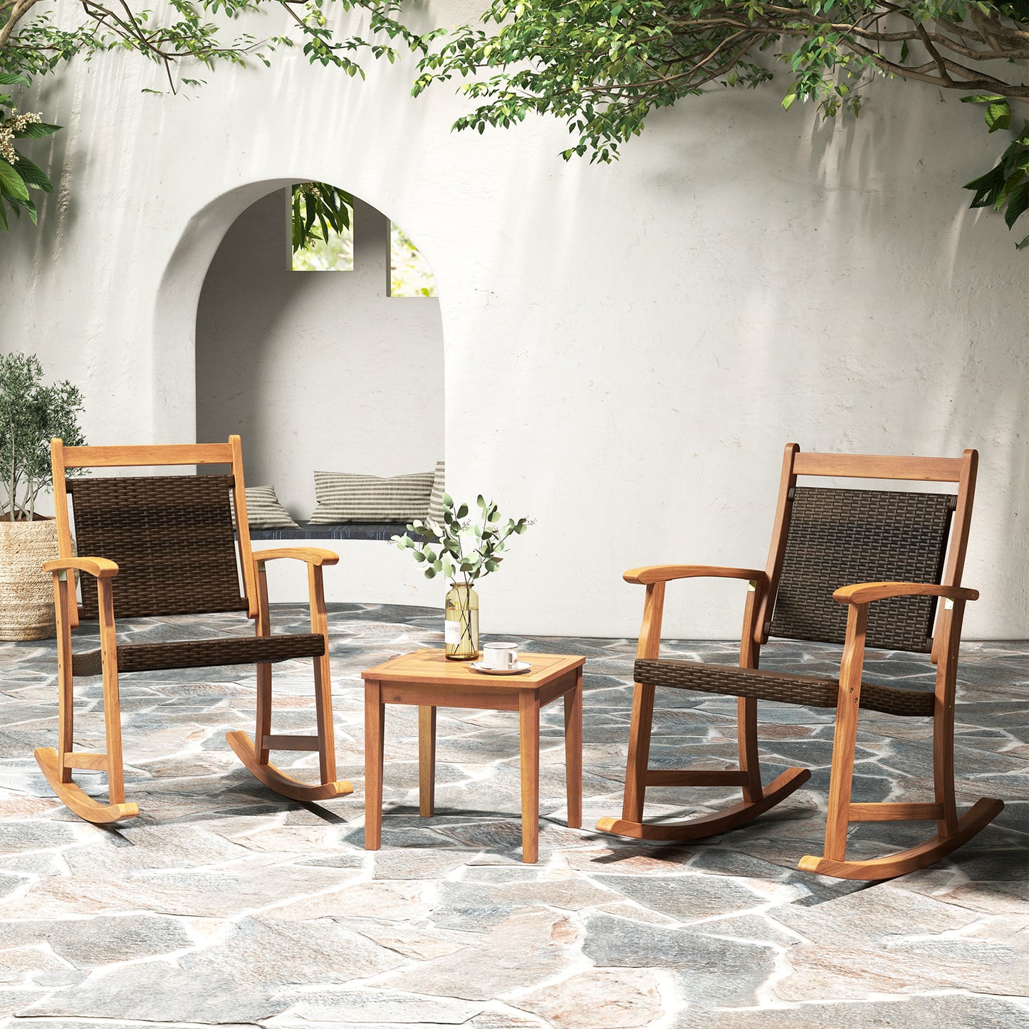 Acacia Wood Rocking Chair Set with Side Table - 3 Pieces