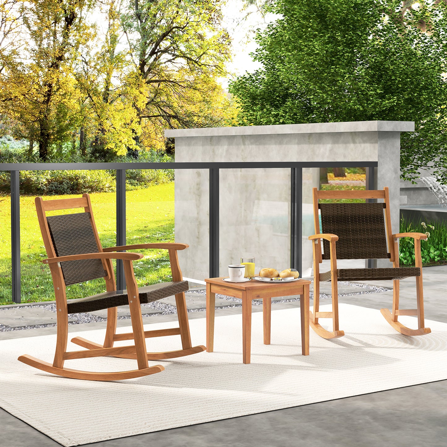 Acacia Wood Rocking Chair Set with Side Table - 3 Pieces
