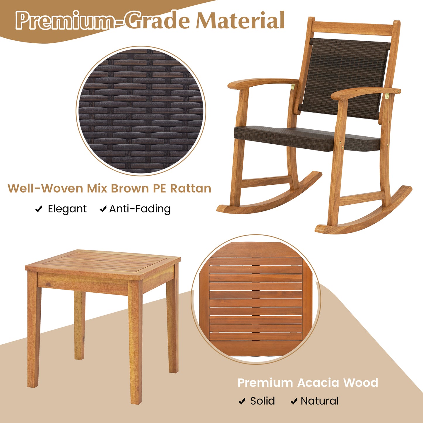 Acacia Wood Rocking Chair Set with Side Table - 3 Pieces