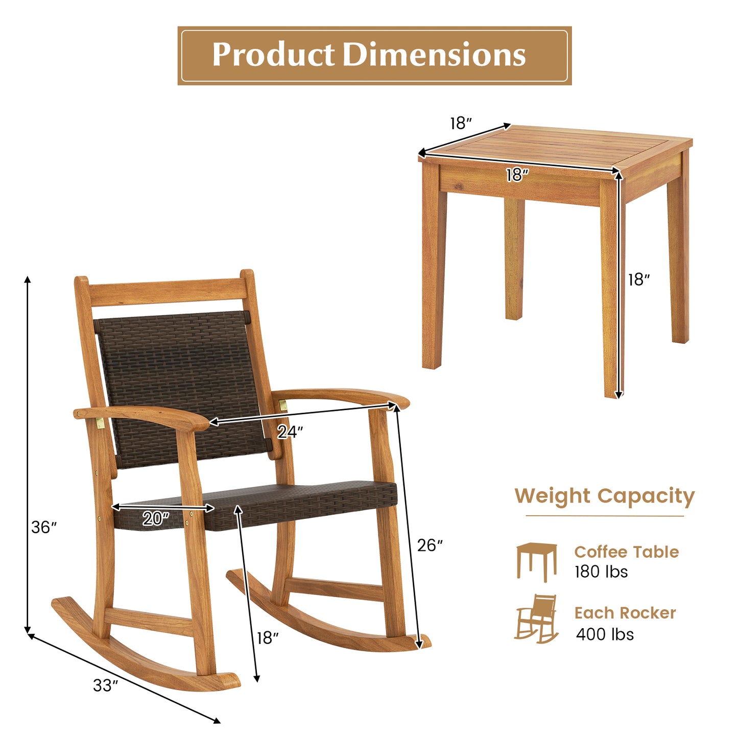 Acacia Wood Rocking Chair Set with Side Table - 3 Pieces