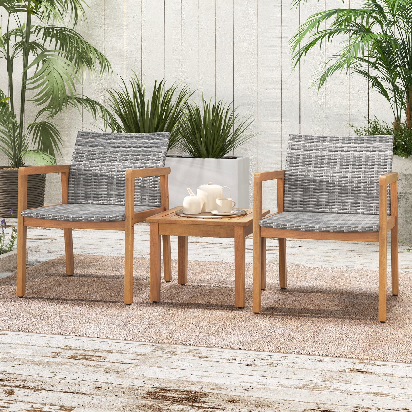 3-Piece Patio Conversation Set with Acacia Wood & Rattan