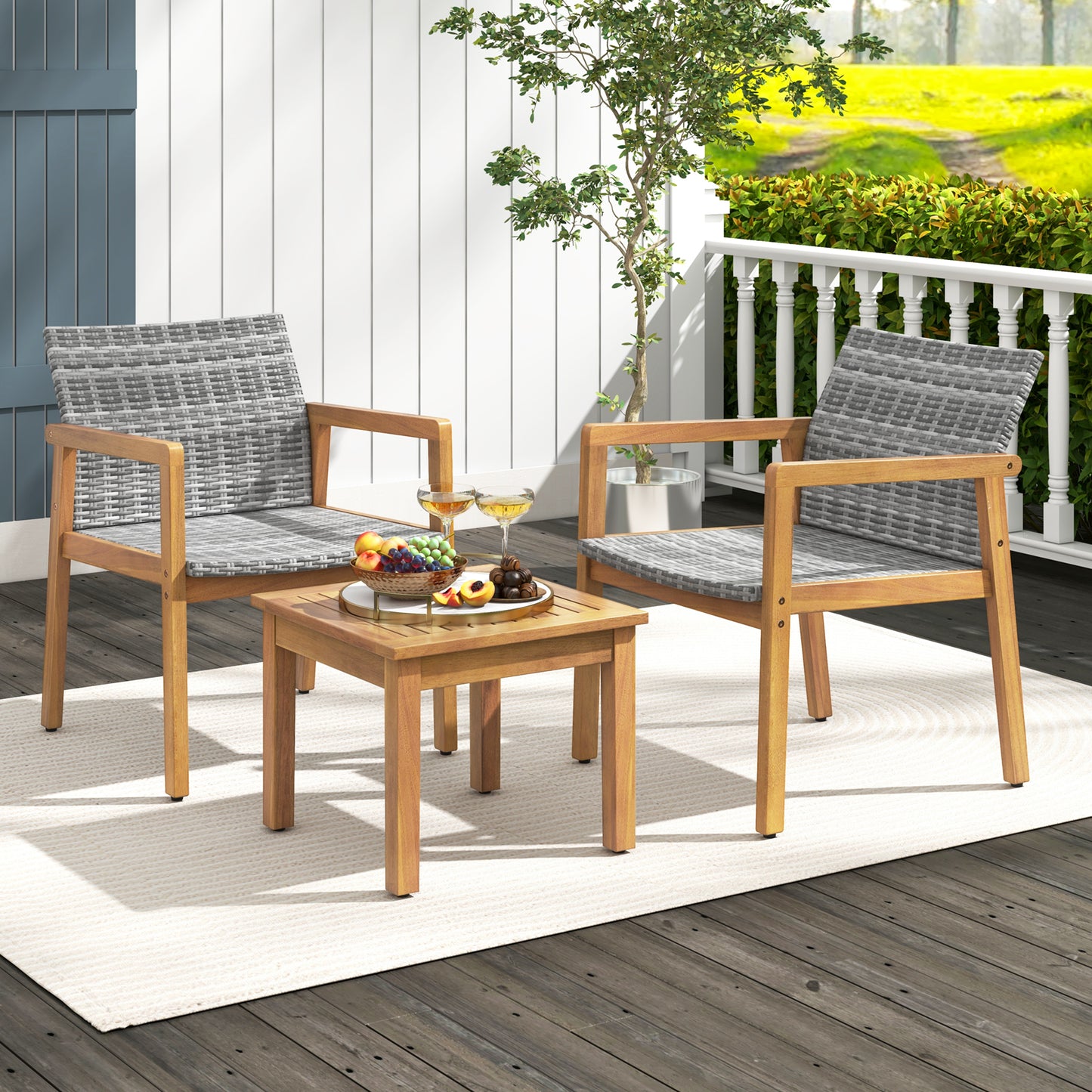 3-Piece Patio Conversation Set with Acacia Wood & Rattan