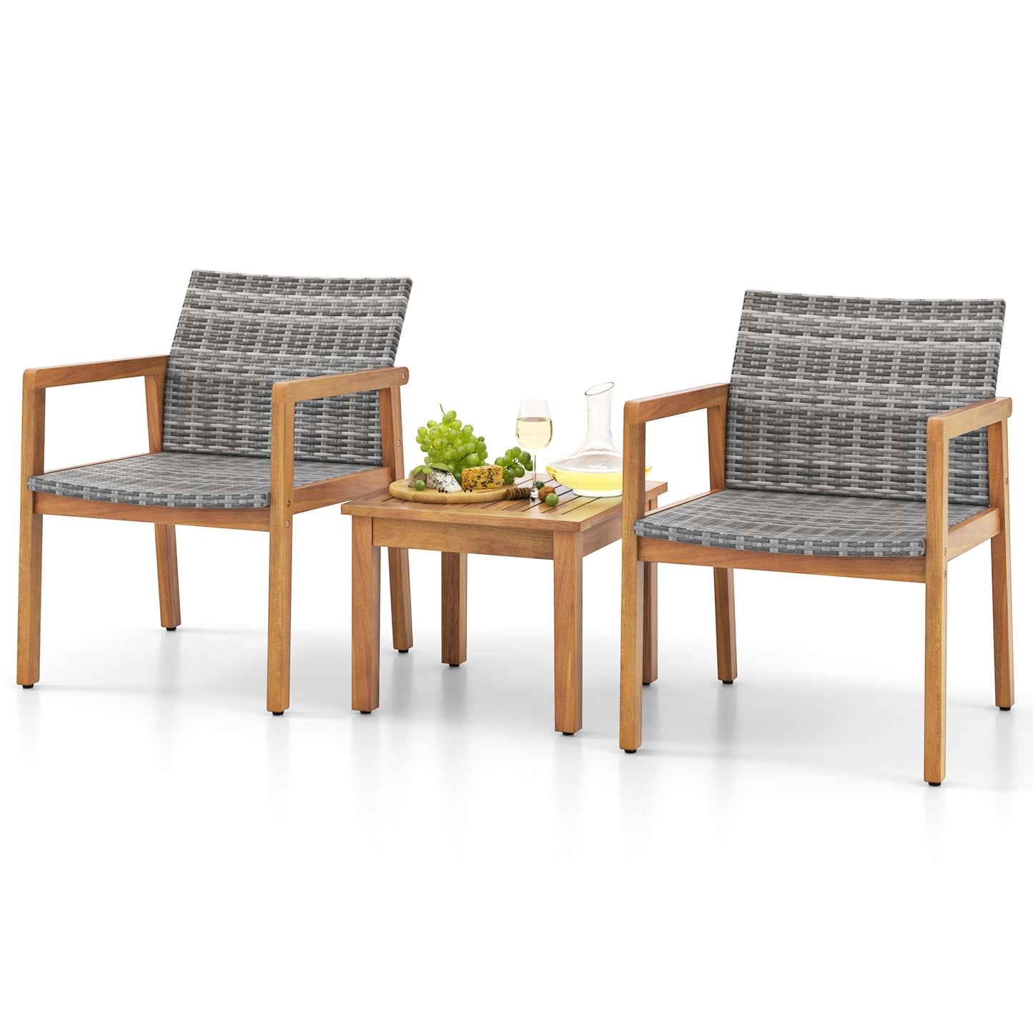 3-Piece Patio Conversation Set with Acacia Wood & Rattan
