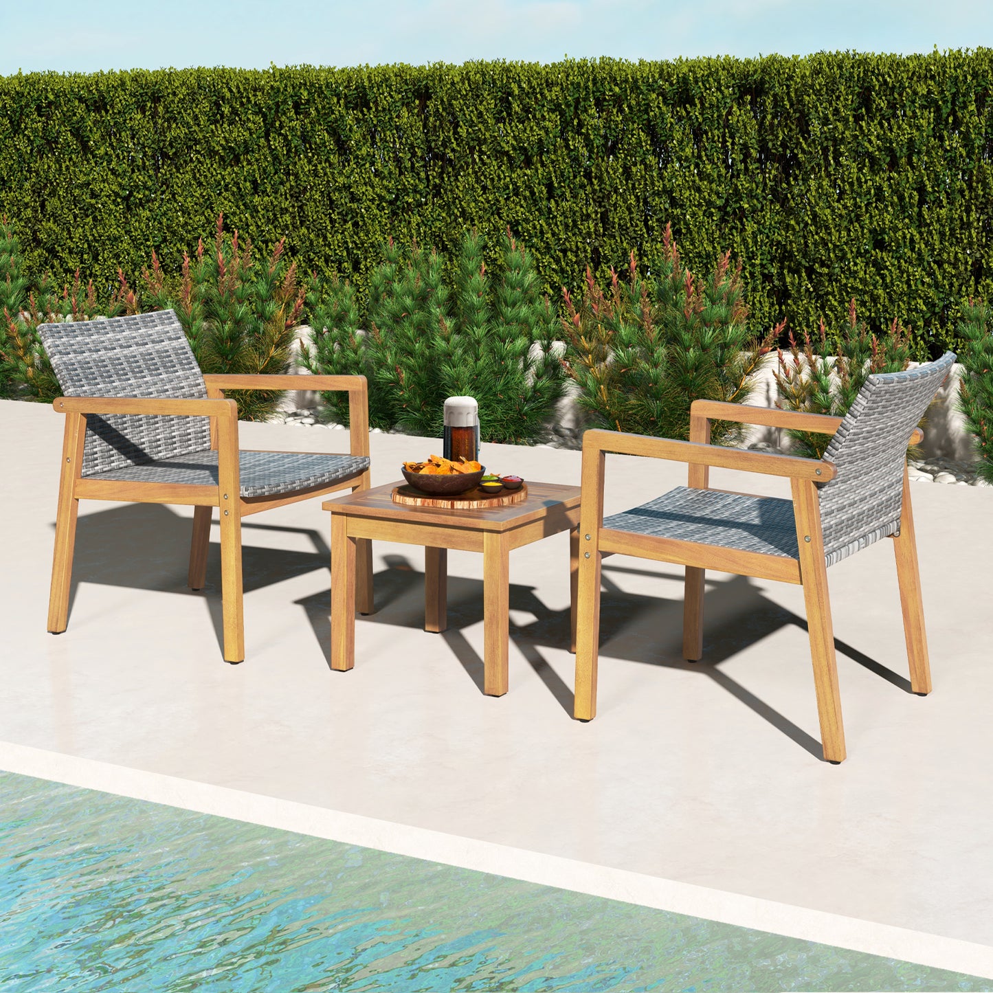 3-Piece Patio Conversation Set with Acacia Wood & Rattan