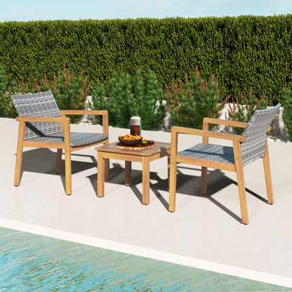 3-Piece Patio Conversation Set with Acacia Wood & Rattan