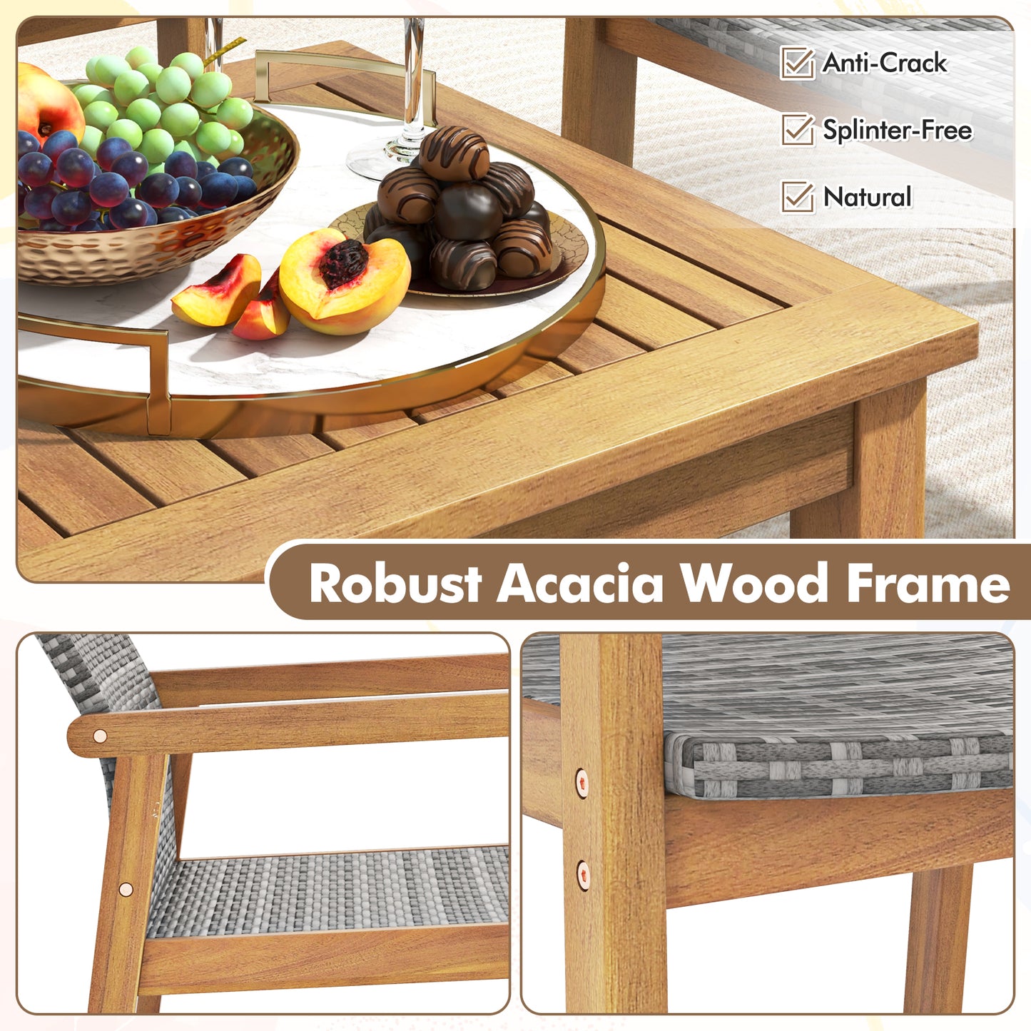 3-Piece Patio Conversation Set with Acacia Wood & Rattan