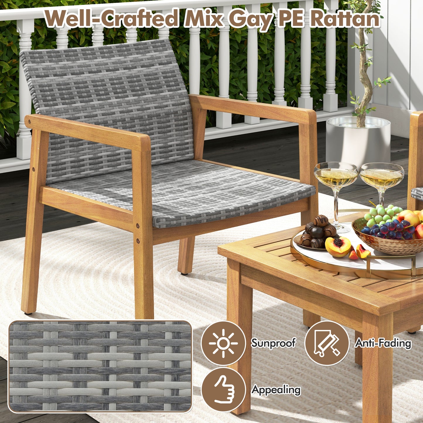 3-Piece Patio Conversation Set with Acacia Wood & Rattan