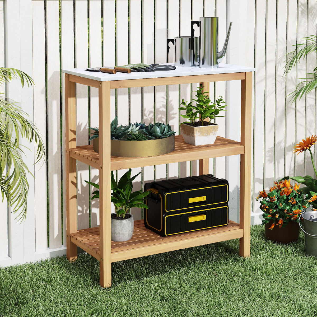 3-Tier Garden Potting Bench Table with Marble-Like Countertop