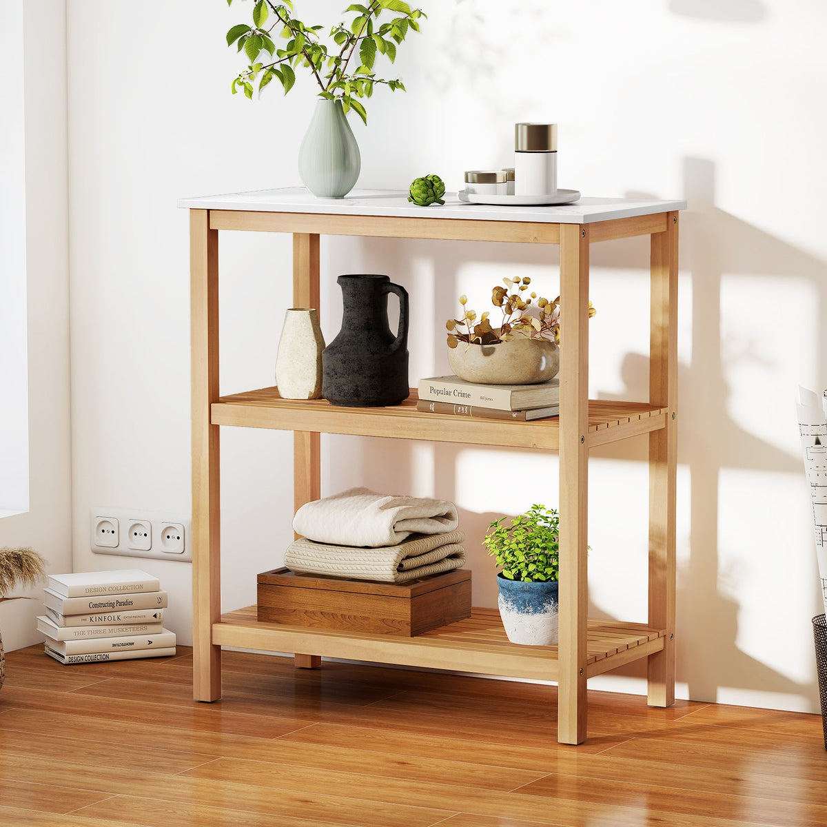 3-Tier Garden Potting Bench Table with Marble-Like Countertop