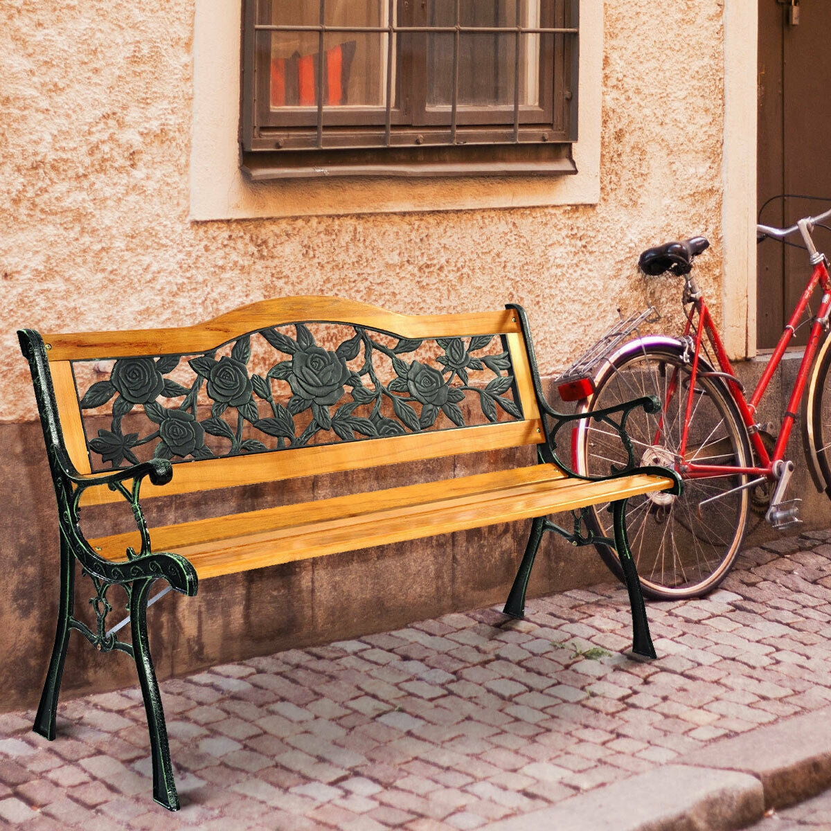 Outdoor Wooden Bench with Cast Iron Armrests - 49.5 Inch