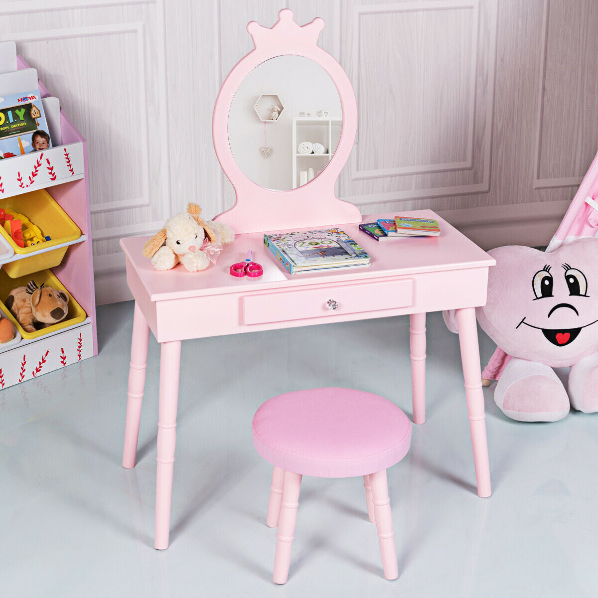 Kids Vanity Table and Chair Set with Mirror and Drawer