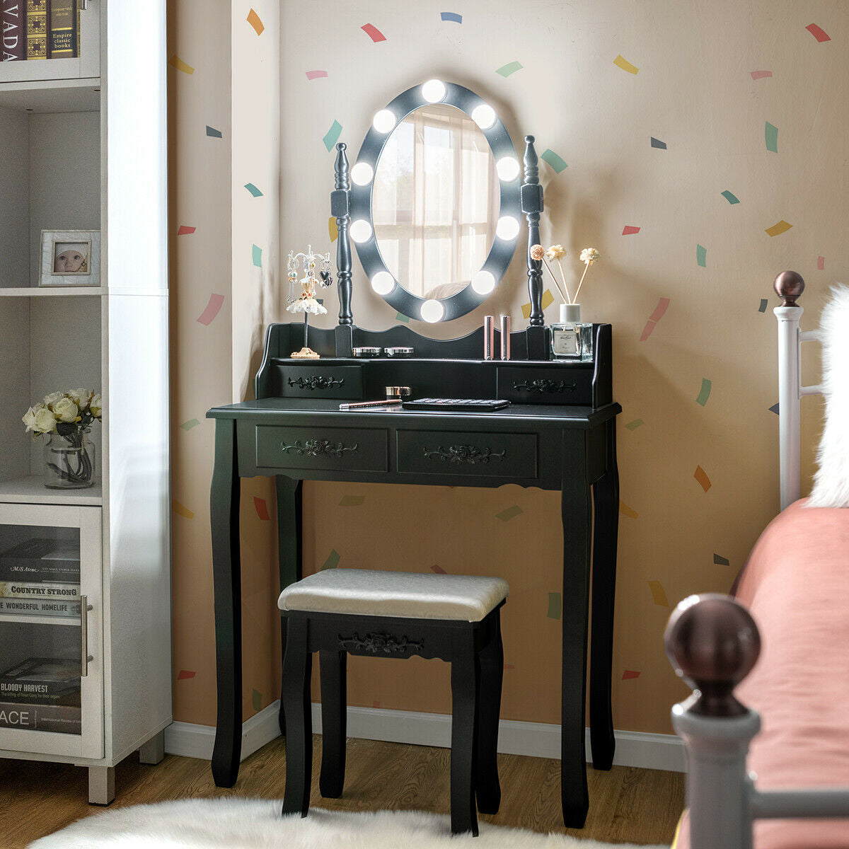 Makeup Vanity Table with Lighted Mirror and Cushioned Stool