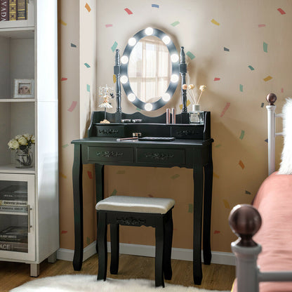 Makeup Vanity Table with Lighted Mirror and Cushioned Stool