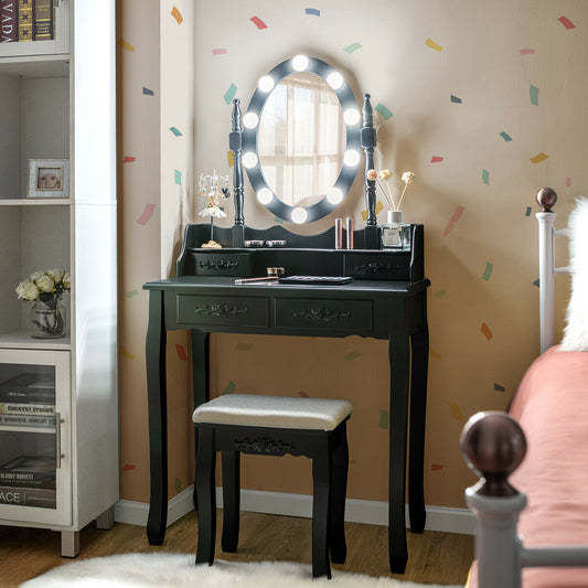 Makeup Vanity Table with Lighted Mirror and Cushioned Stool