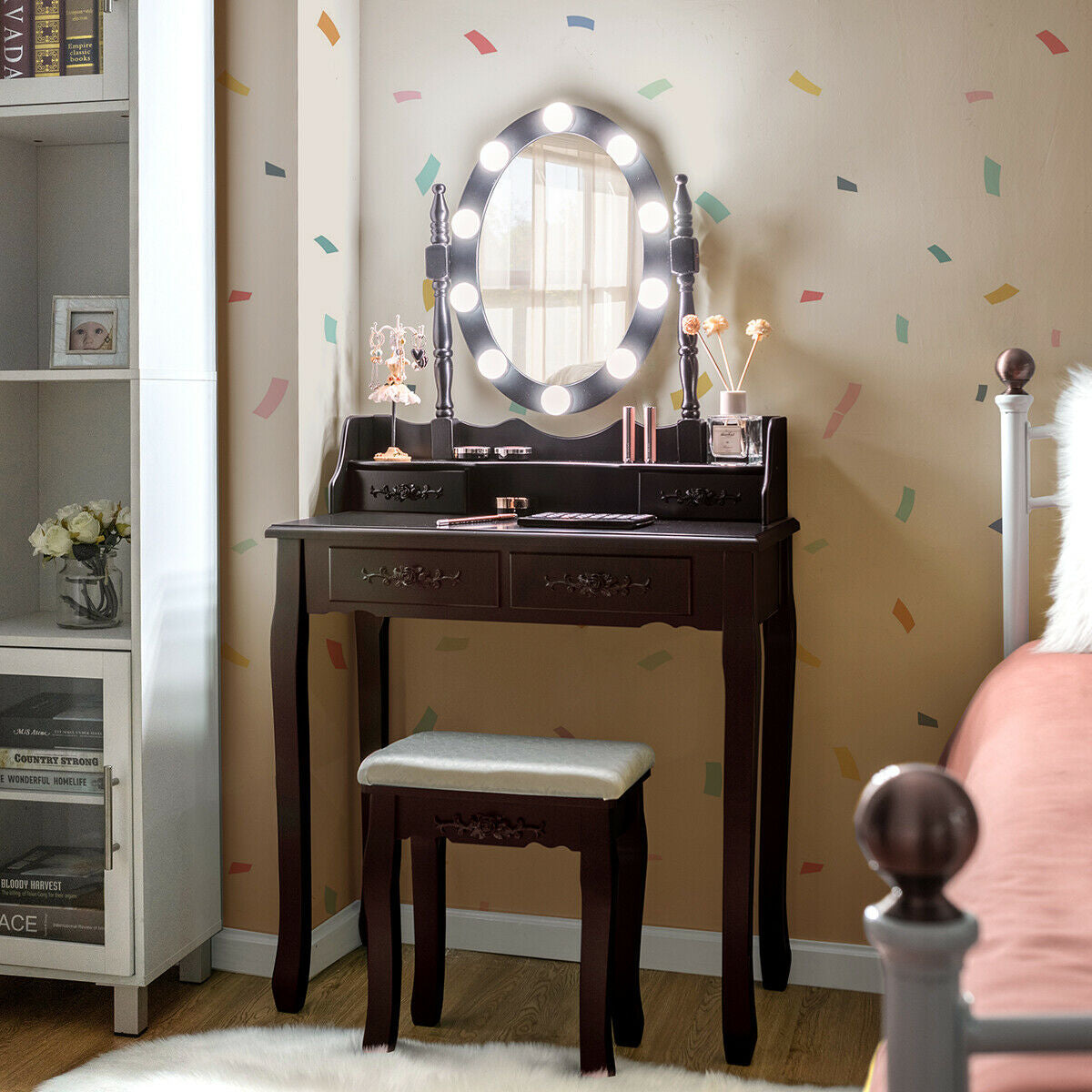Makeup Vanity Table with Lighted Mirror and Cushioned Stool