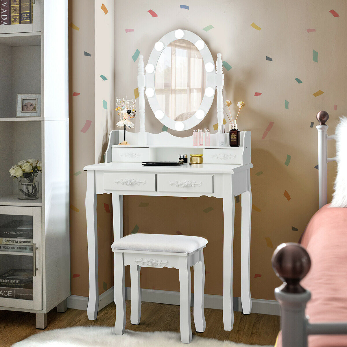 Makeup Vanity Table with Lighted Mirror and Cushioned Stool