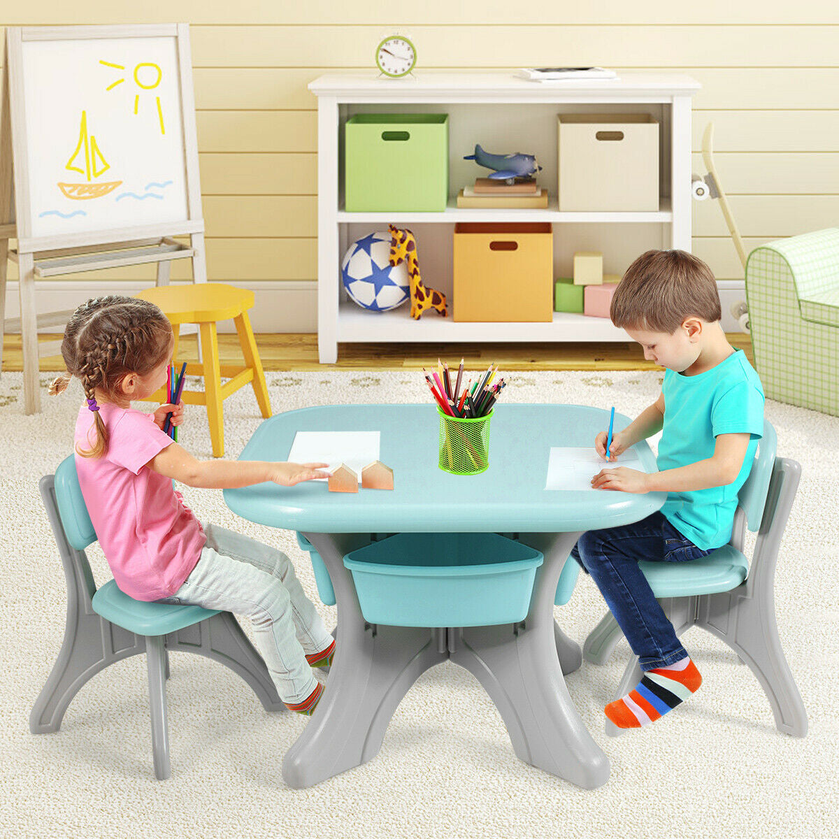 Kids Table and Chair Set with Storage Drawers - 3 Piece