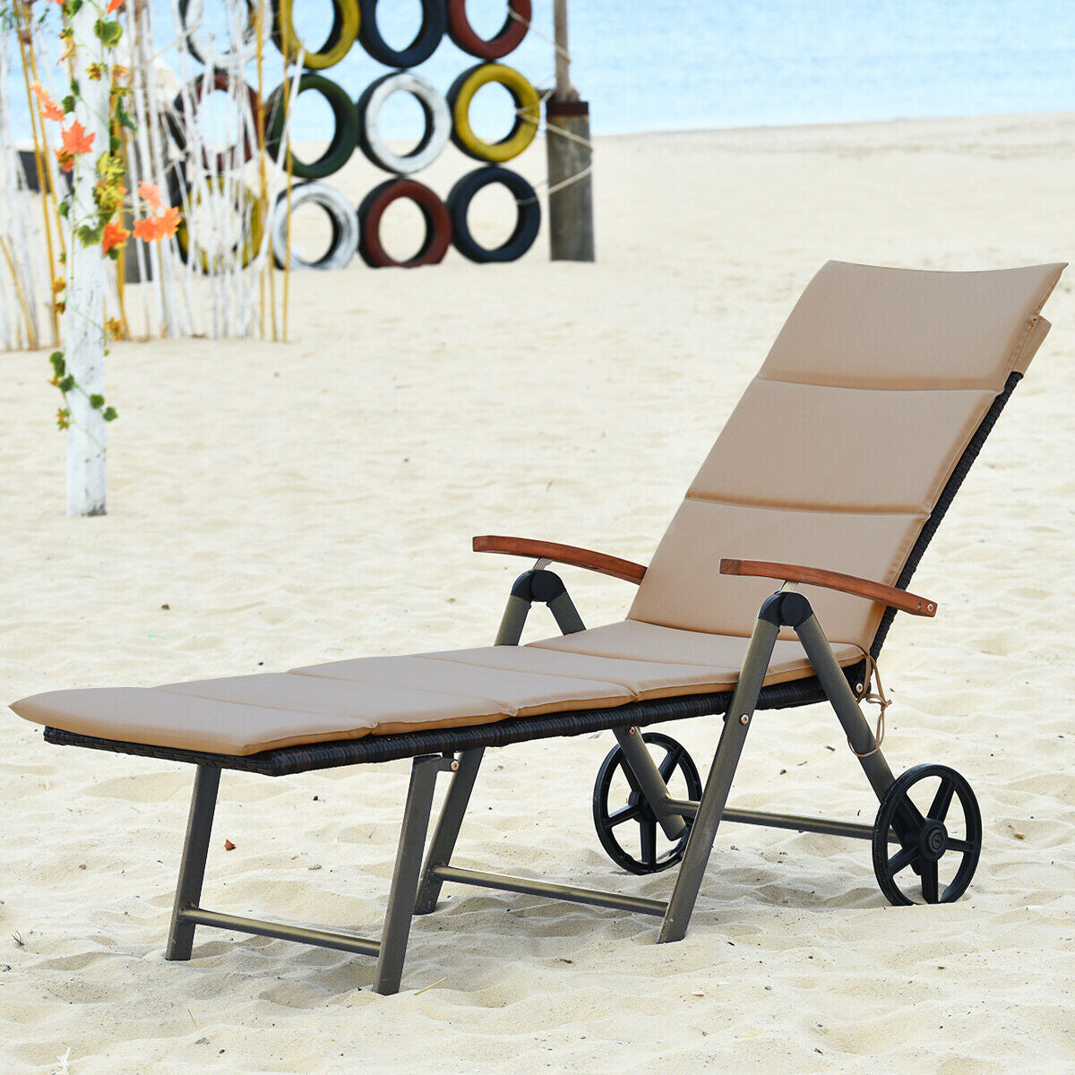 Adjustable Rattan Chaise Lounge Chair with Cushion