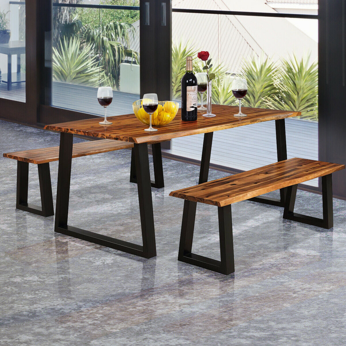 Acacia Wood Patio Bench with Metal Legs - 57.5 Inch