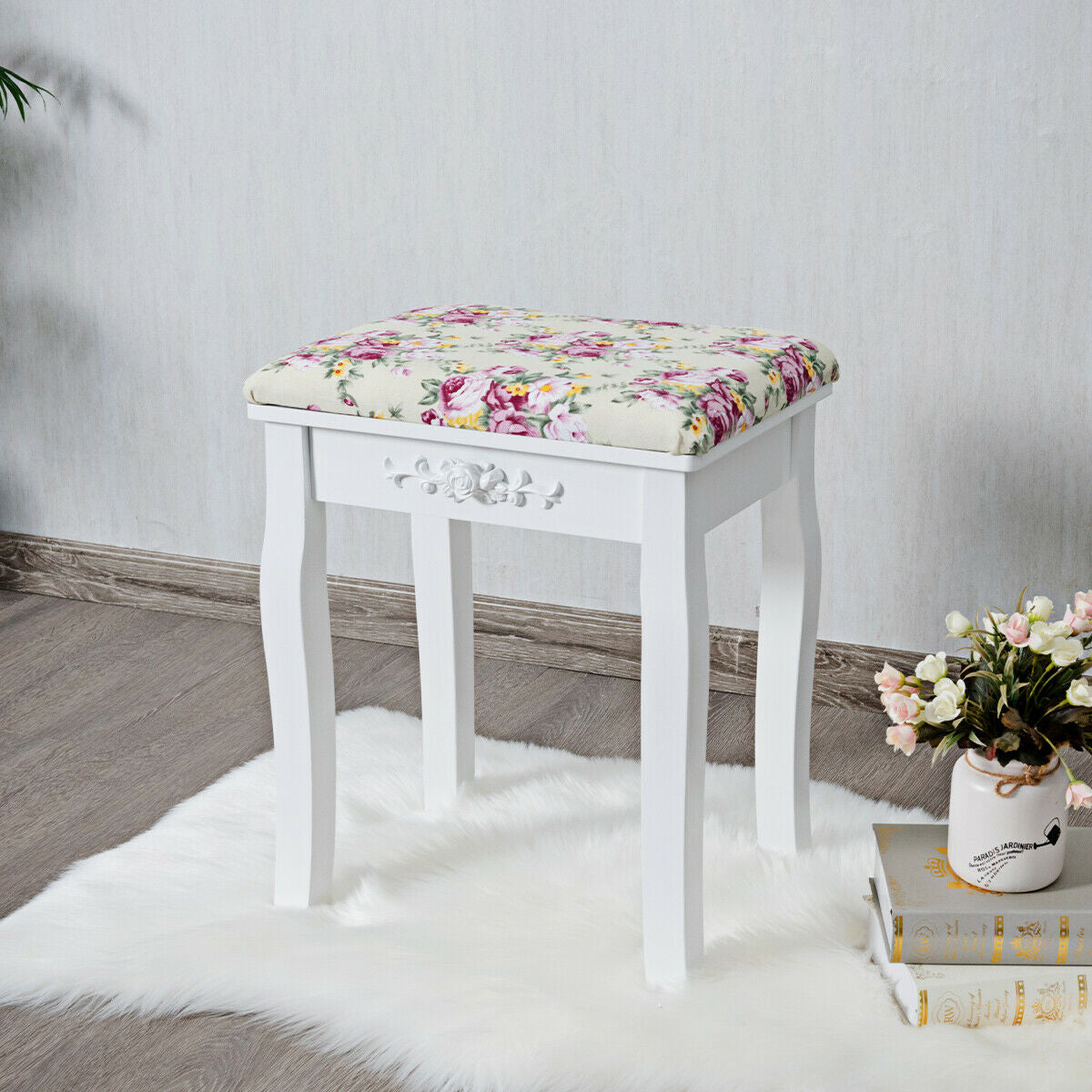Padded Vanity Stool with Rose Cushion - White