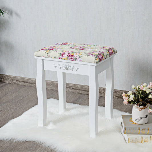 Padded Vanity Stool with Rose Cushion - White