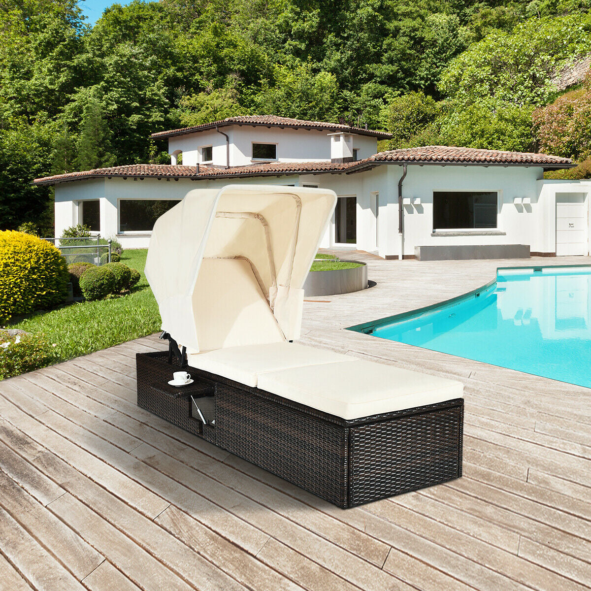 Outdoor Chaise Lounge with Canopy and Cushion