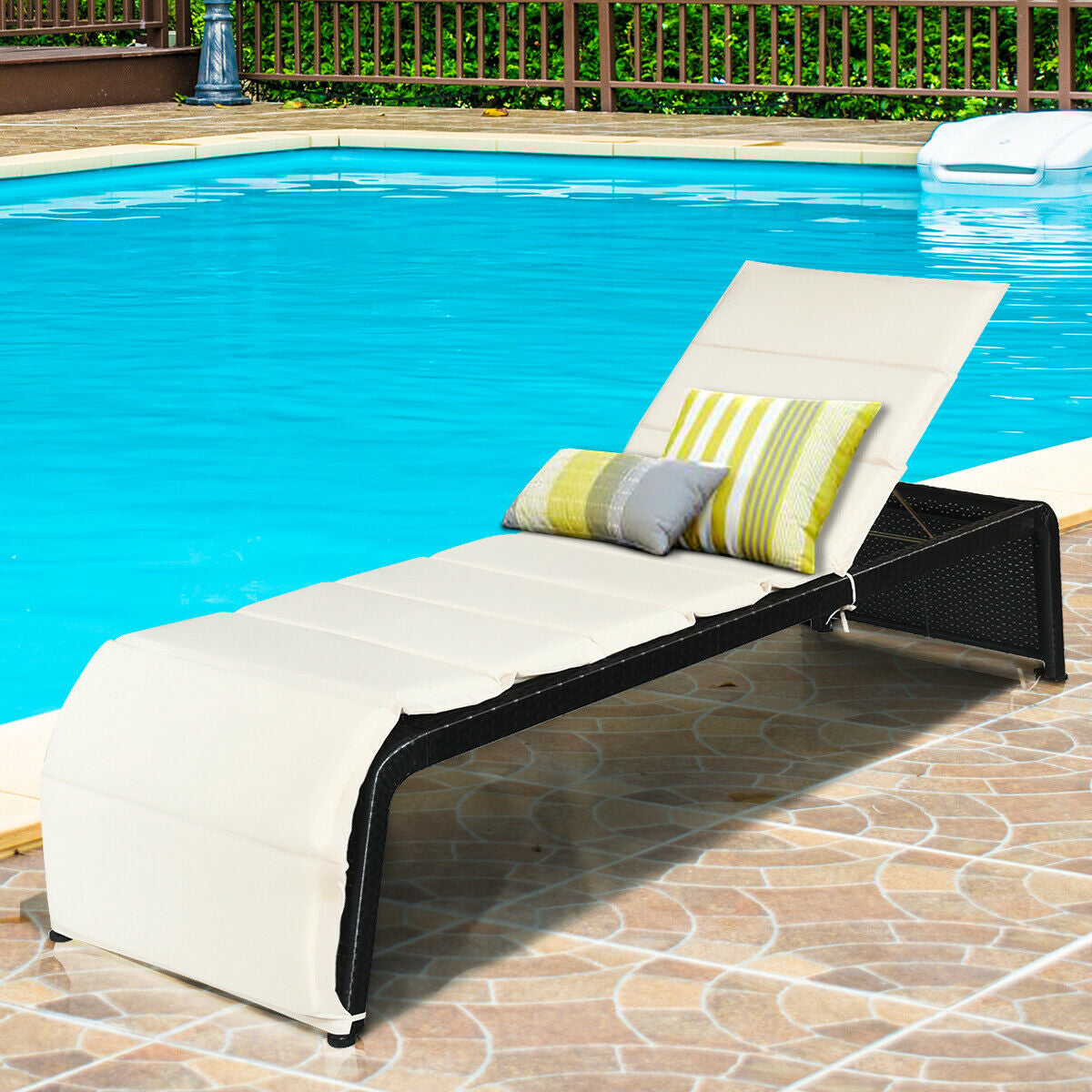 Adjustable Rattan Chaise Lounge Chair with Cushion