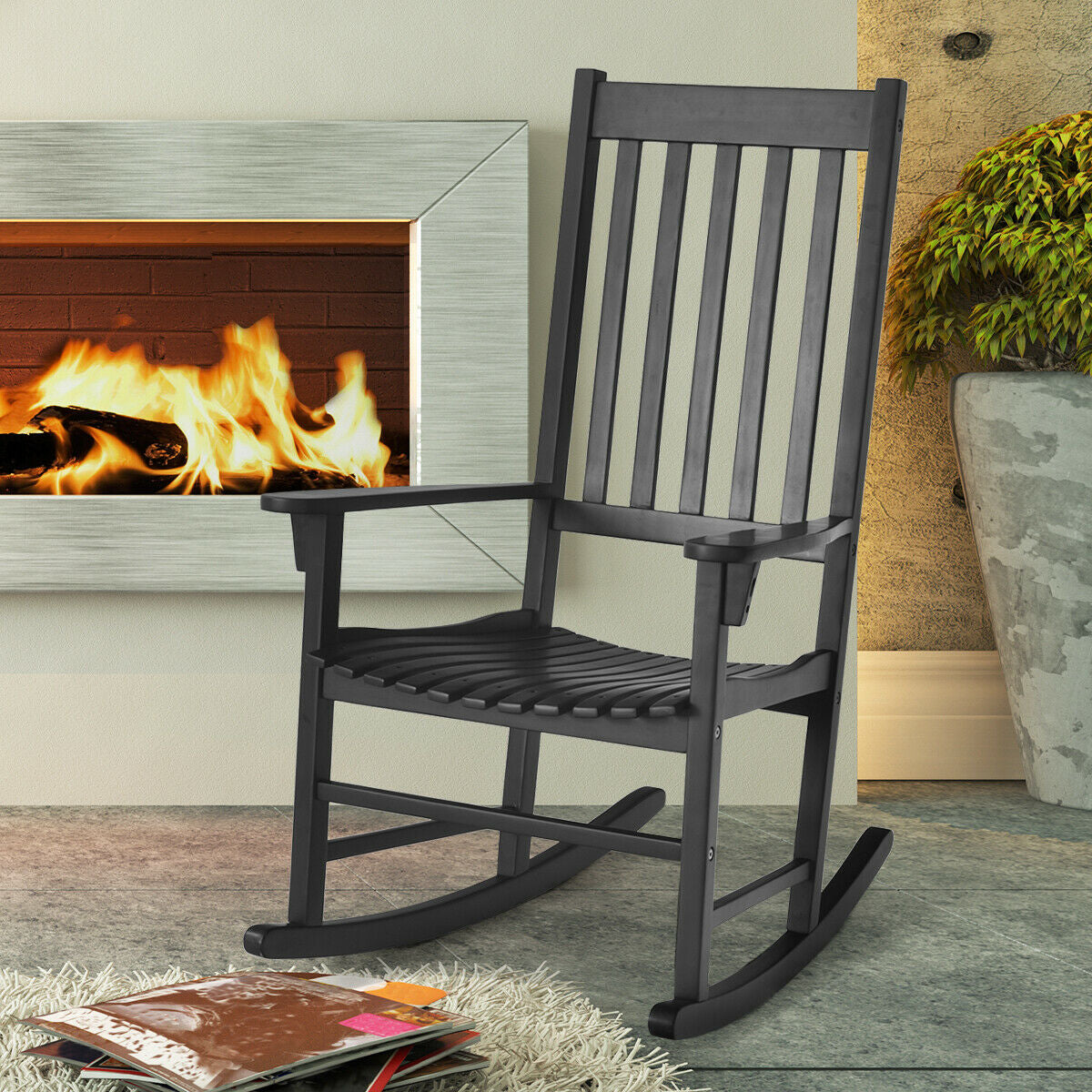 Acacia Wood Rocking Chair with High Back for Patio