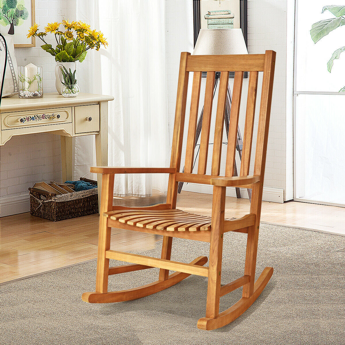 Acacia Wood Rocking Chair with High Back for Patio