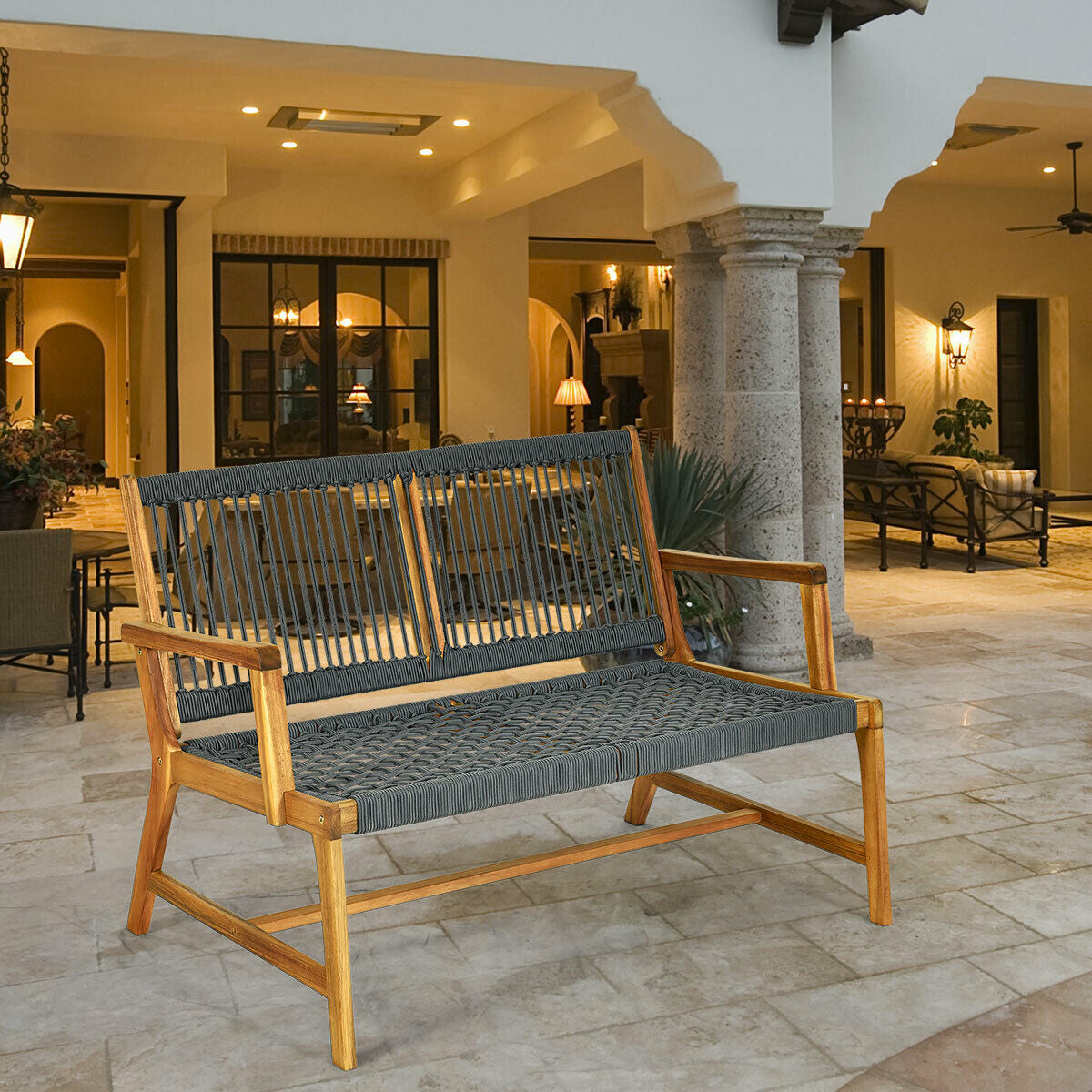2-Person Acacia Wood Outdoor Bench with Rope Weave