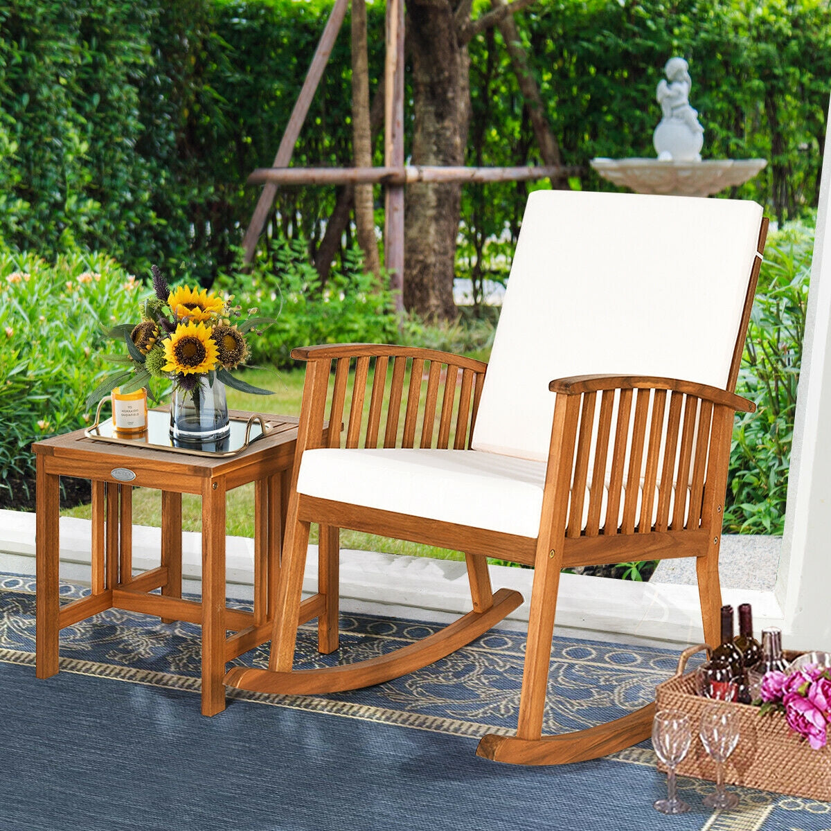 Acacia Wood Patio Rocking Chair Set with Table & Cushions