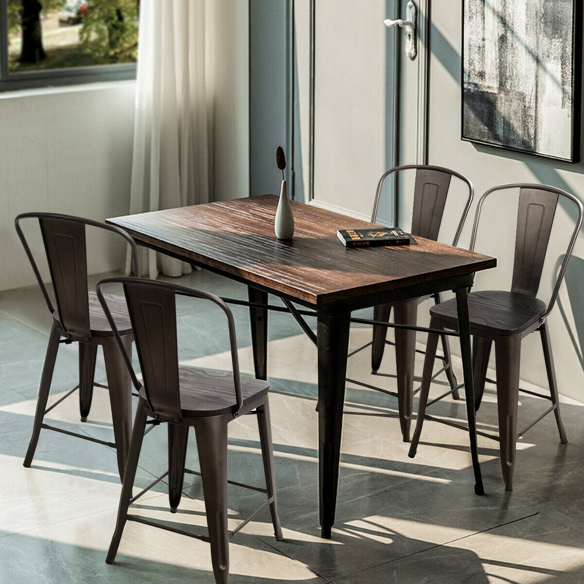 Industrial Metal Counter Stools with Removable Backrests Set of 4