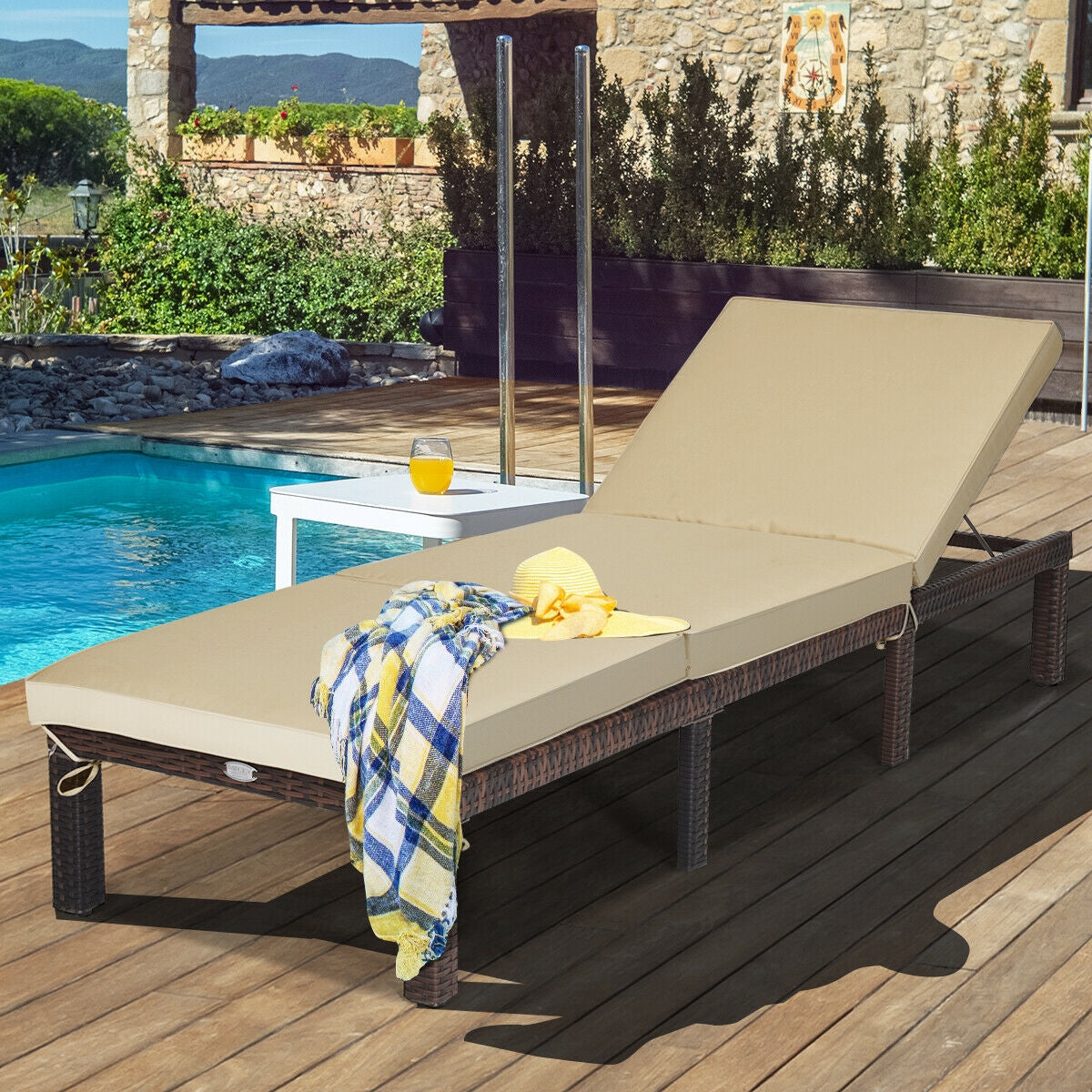 Adjustable Rattan Chaise Lounge with Cushion