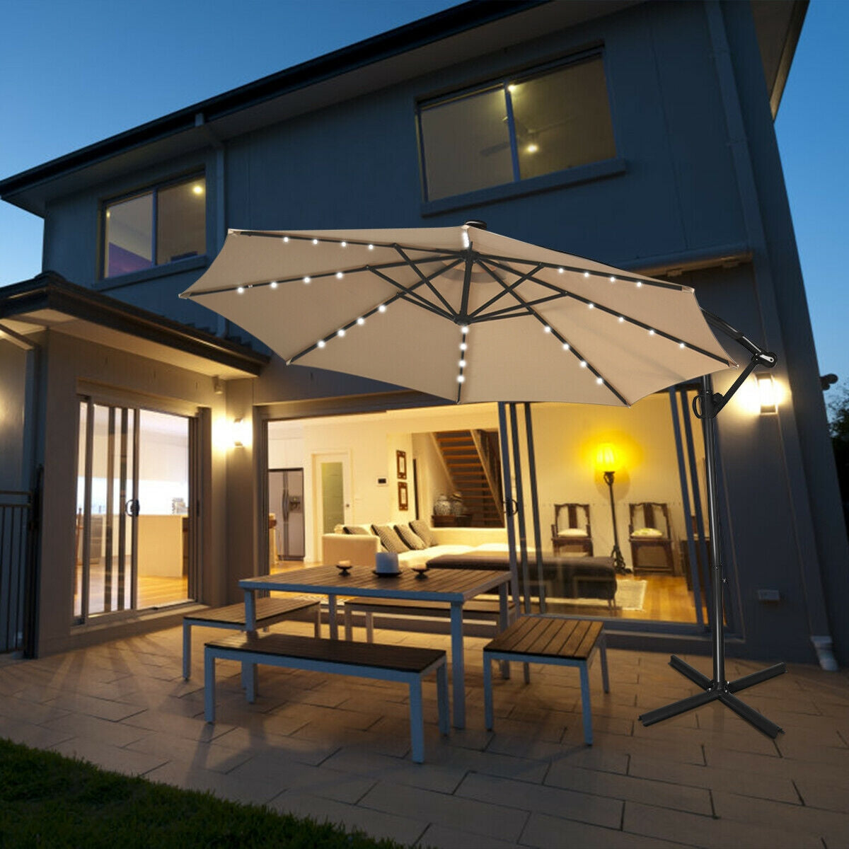10 Feet 360° Rotation Solar Powered LED Patio Offset Umbrella without Weight Base-Gray
