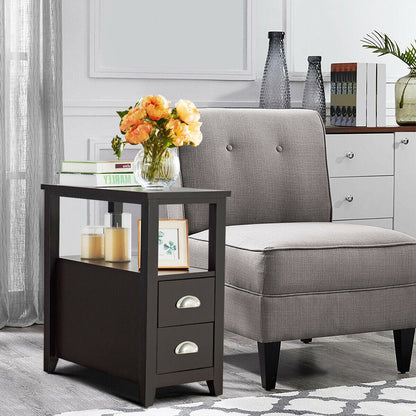 Set of 2 End Table Wooden with 2 Drawer & Shelf Bedside Table