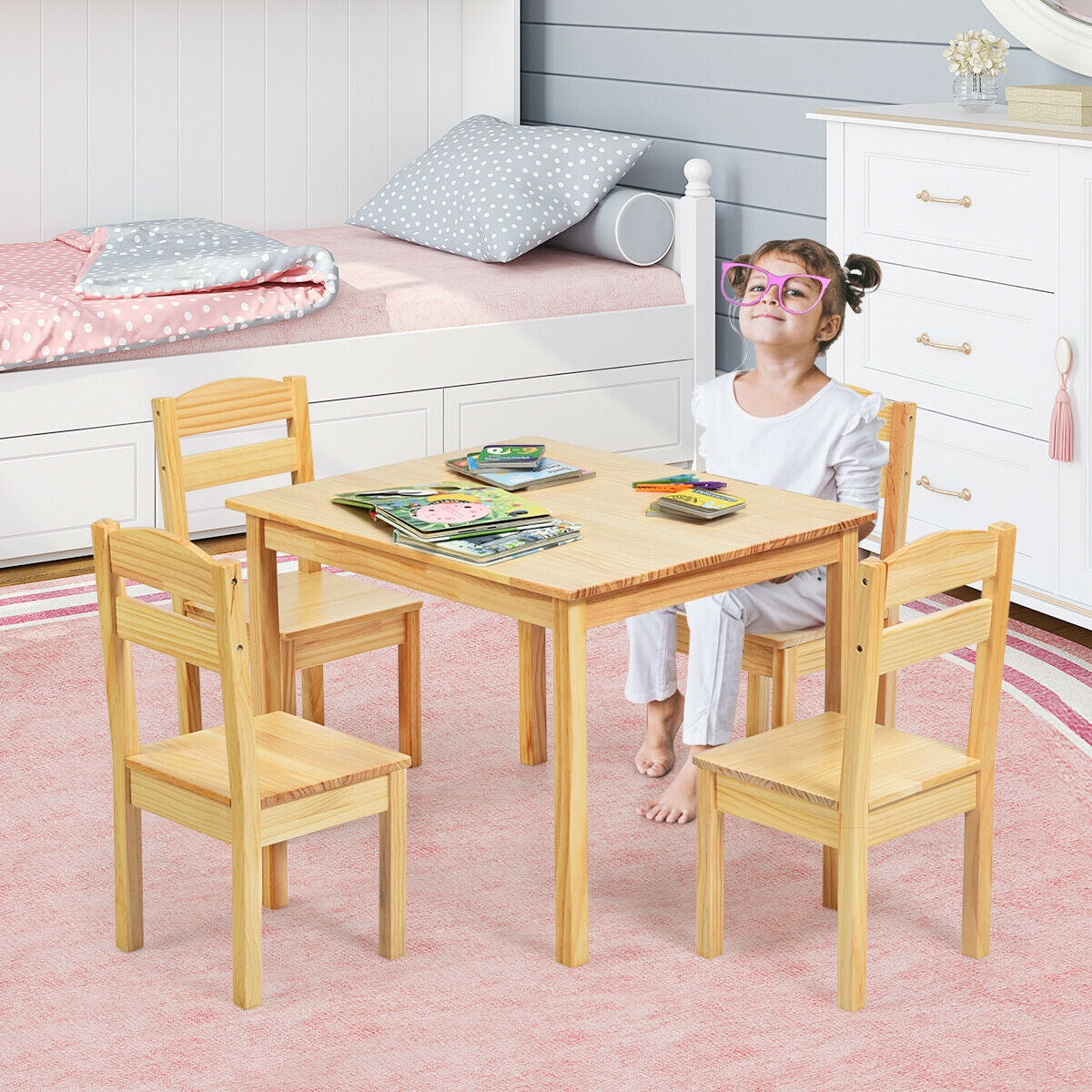 Kids Table and Chair Set - 5 Piece Pine Wood