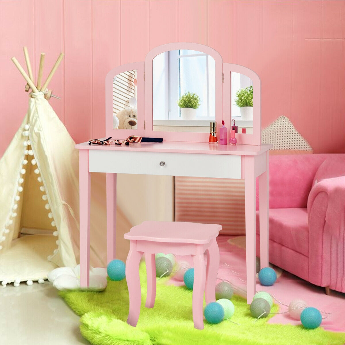 Kids Vanity Table with Tri-Fold Mirror and Chair Set