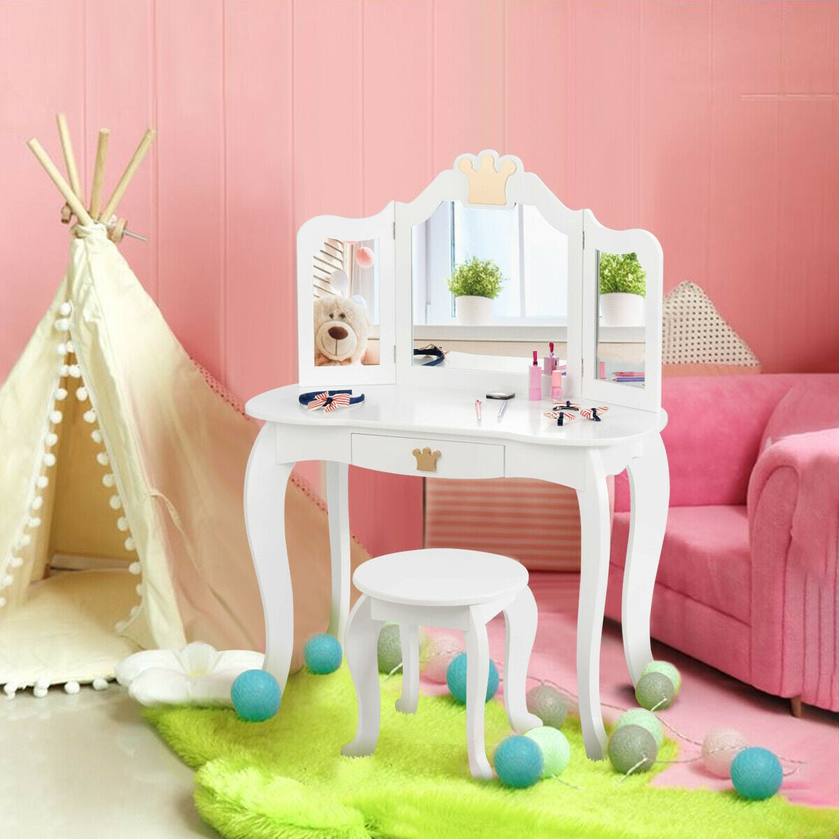 Kids Makeup Vanity Table with Tri-Fold Mirror and Stool