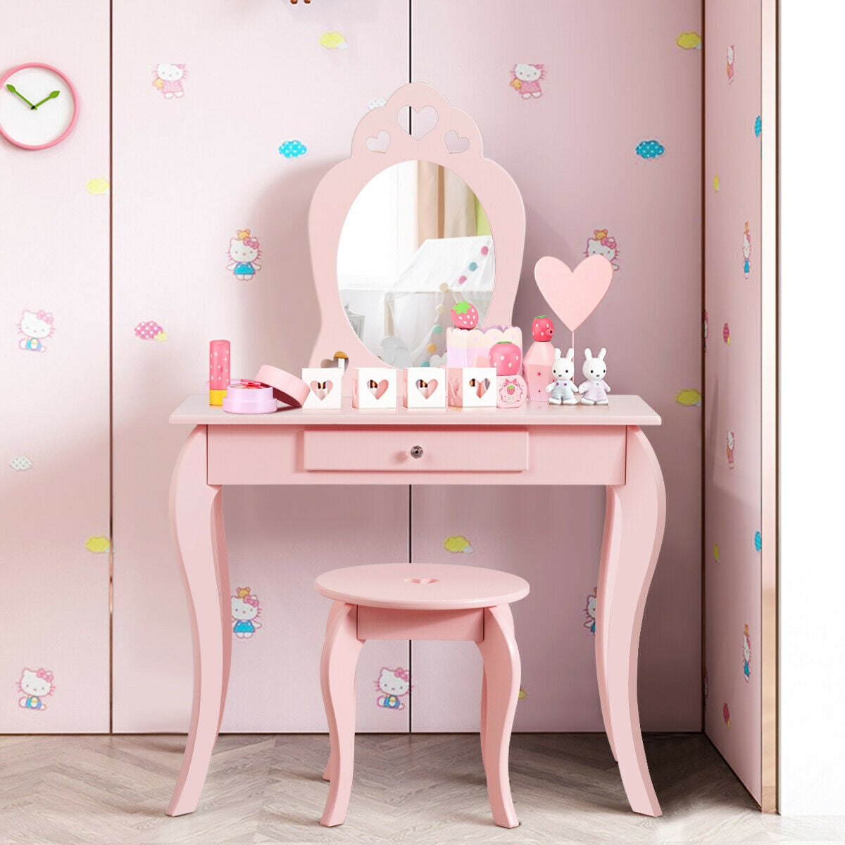 Kids Vanity Table Set with Mirror and Stool