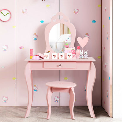 Kids Vanity Table Set with Mirror and Stool
