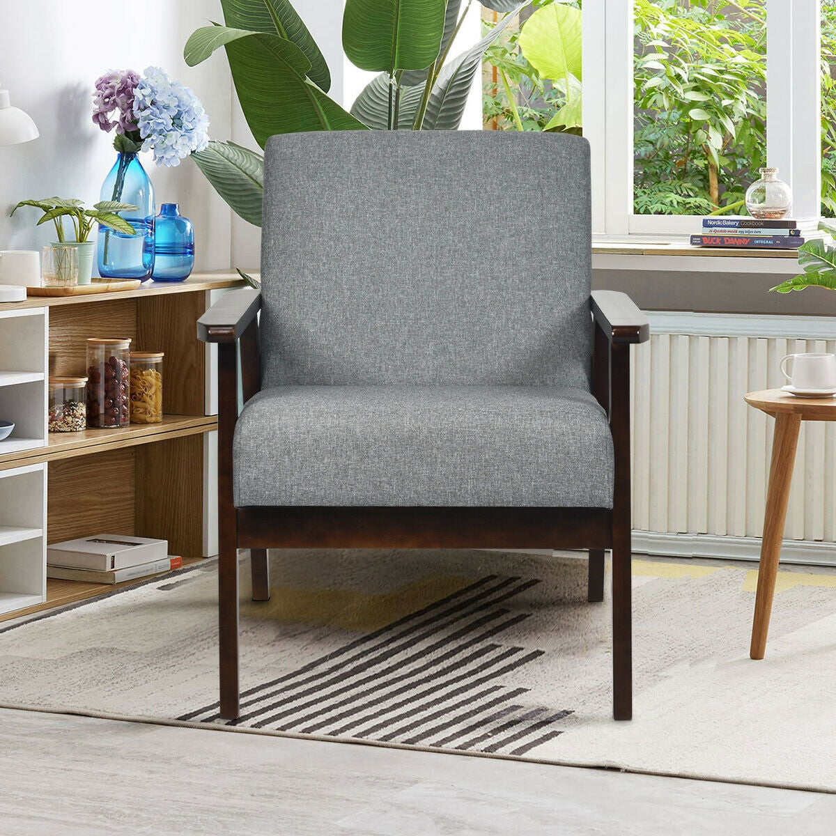 Rubber Wood Accent Armchair with Linen Upholstery