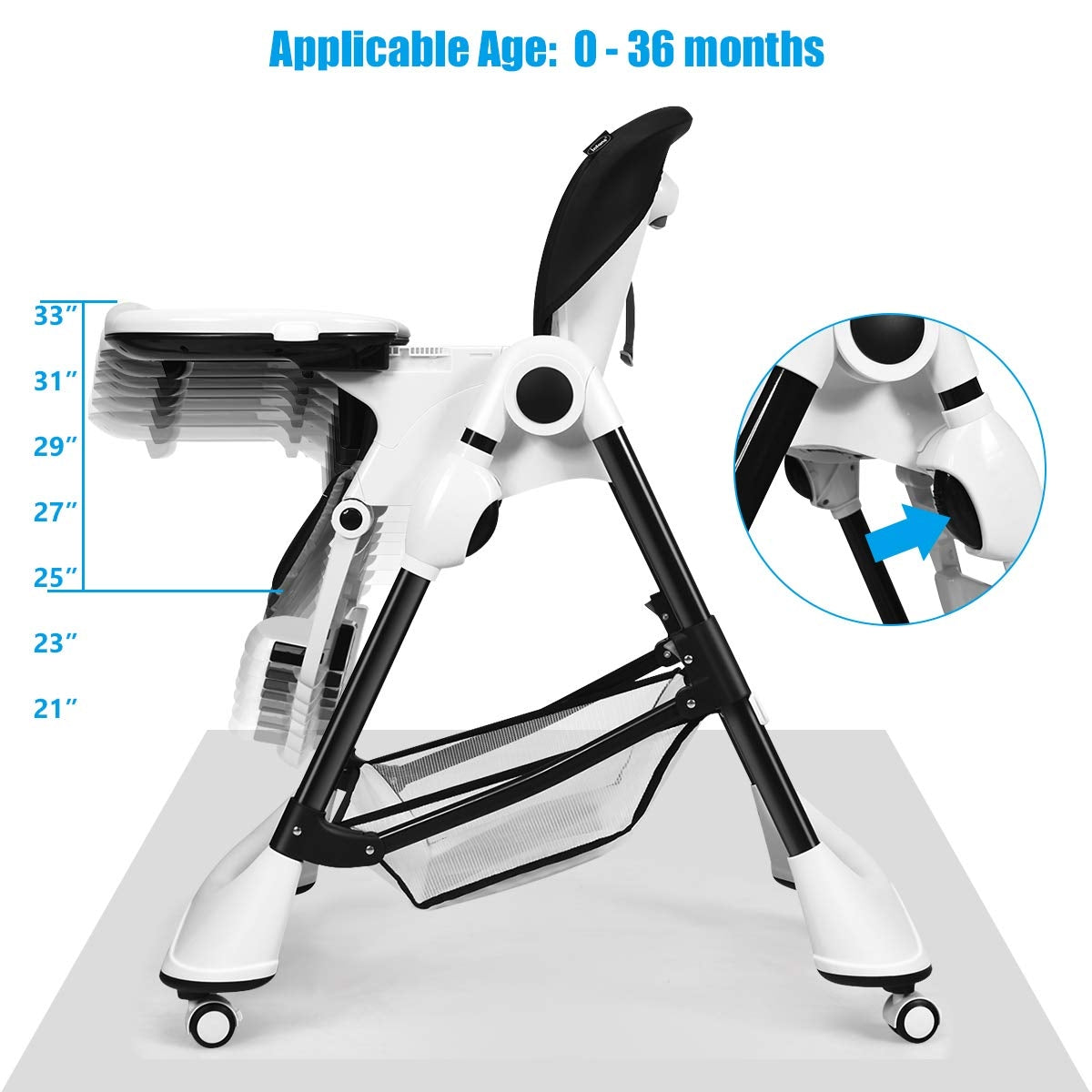 Foldable High Chair with 4 Lockable Wheels and 5-Point Harness