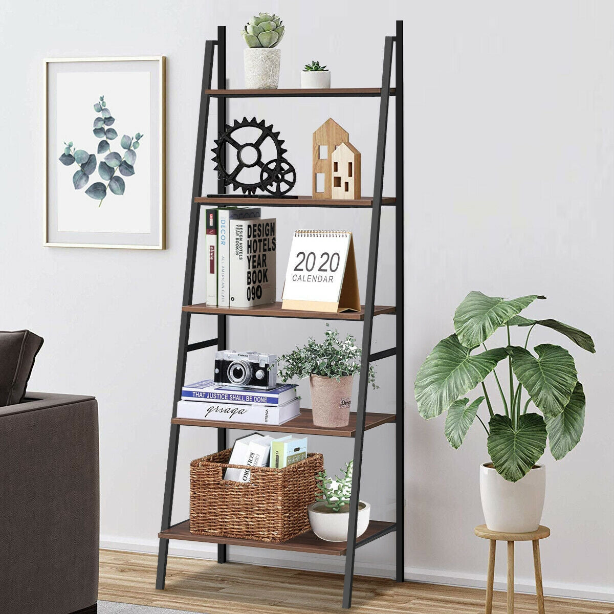 5 Tier Leaning Bookshelf Wood Metal Bookcase