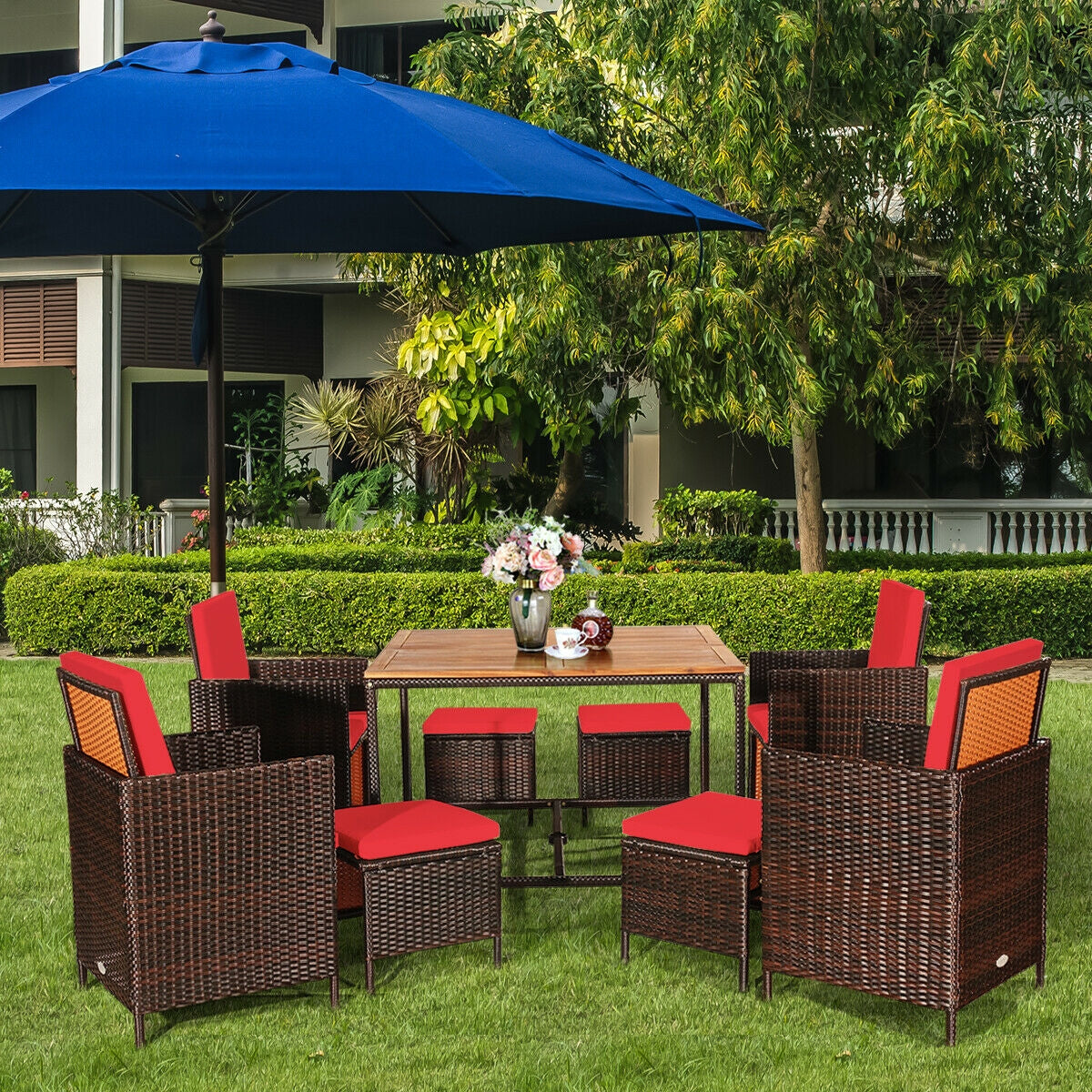9-Piece Patio Rattan Dining Set with Cushioned Chairs
