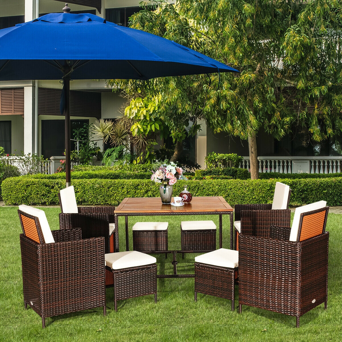 9-Piece Patio Rattan Dining Set with Cushioned Chairs