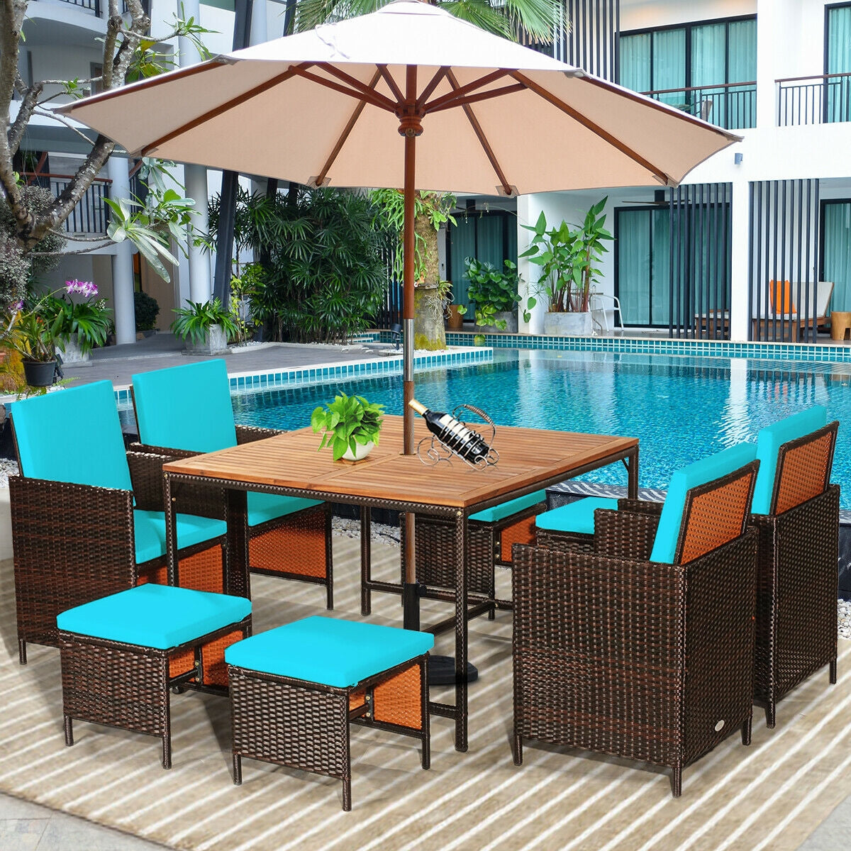 9-Piece Patio Rattan Dining Set with Cushioned Chairs