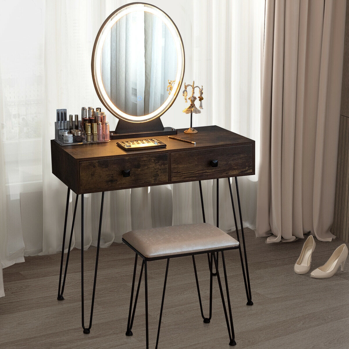 Industrial Makeup Vanity Table with LED Mirror & Stool