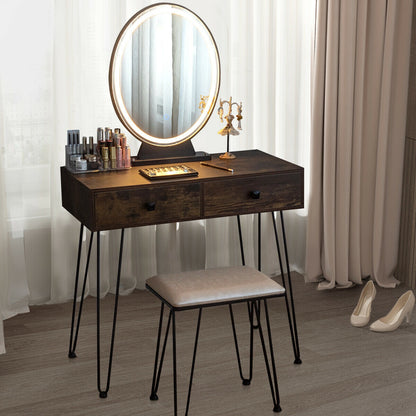Industrial Makeup Vanity Table with LED Mirror & Stool