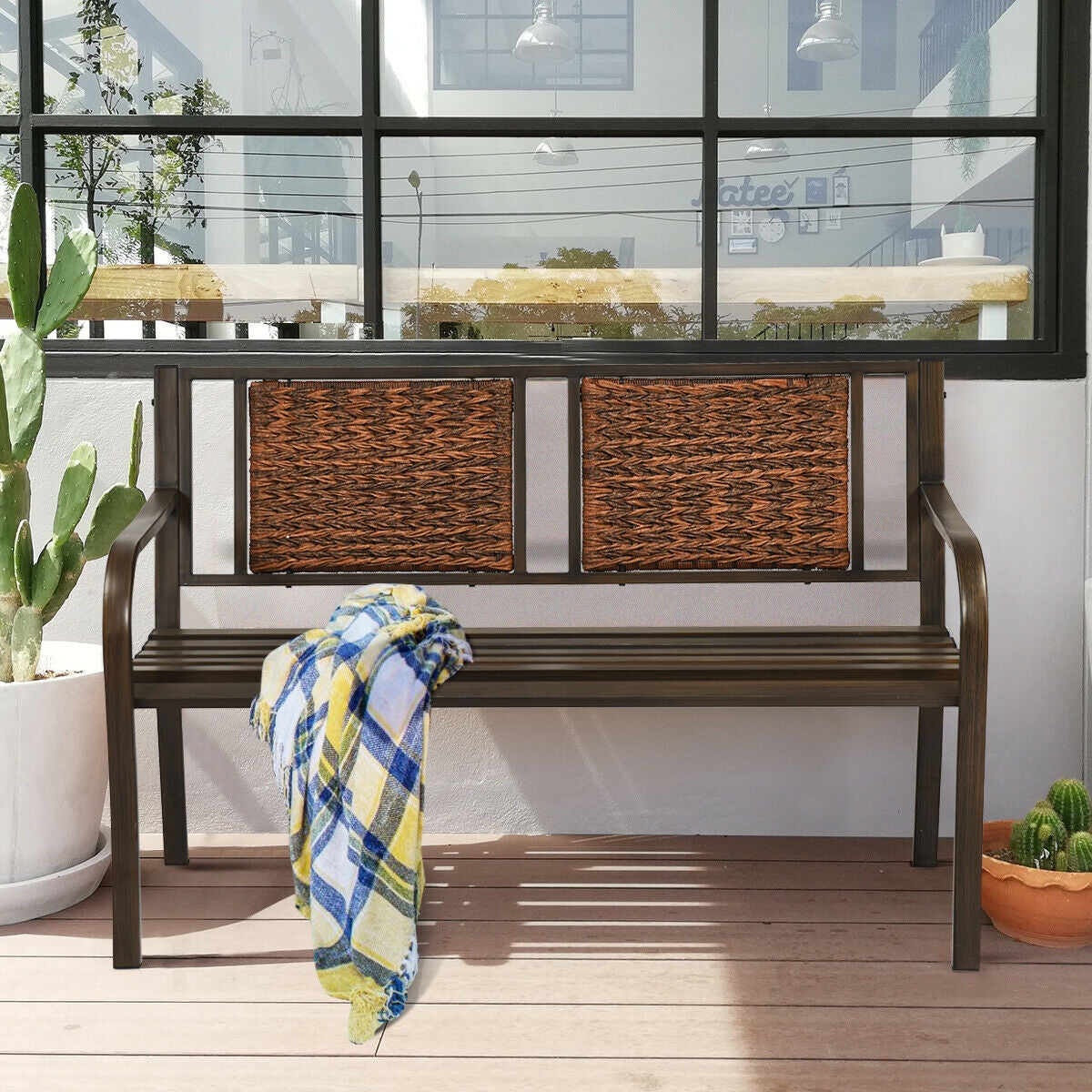 Outdoor Garden Bench with Steel Frame and PE Rattan - 500 lbs