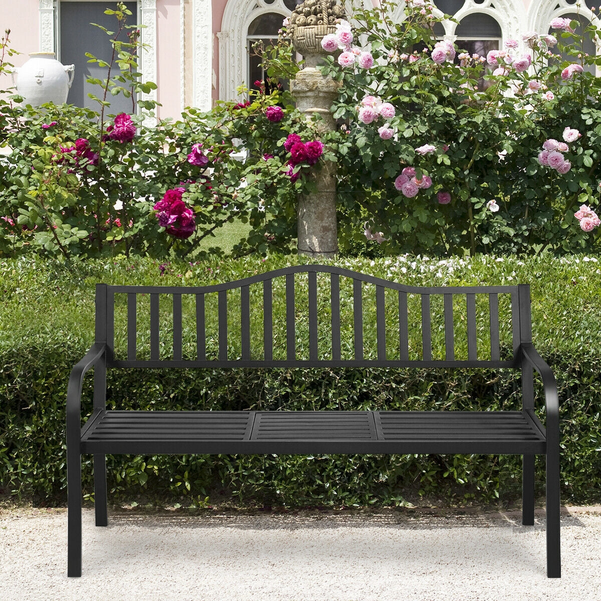 Outdoor Garden Bench with Adjustable Center Table - Steel Frame